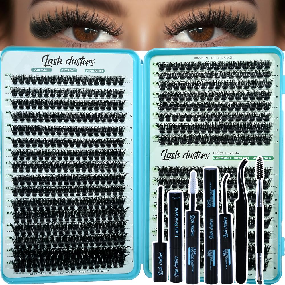 Lash Clusters Kit - 640pcs Wispy 30D/40D D Curl Individual Extensions | Natural 9-16mm with Bond, Seal & Tweezers