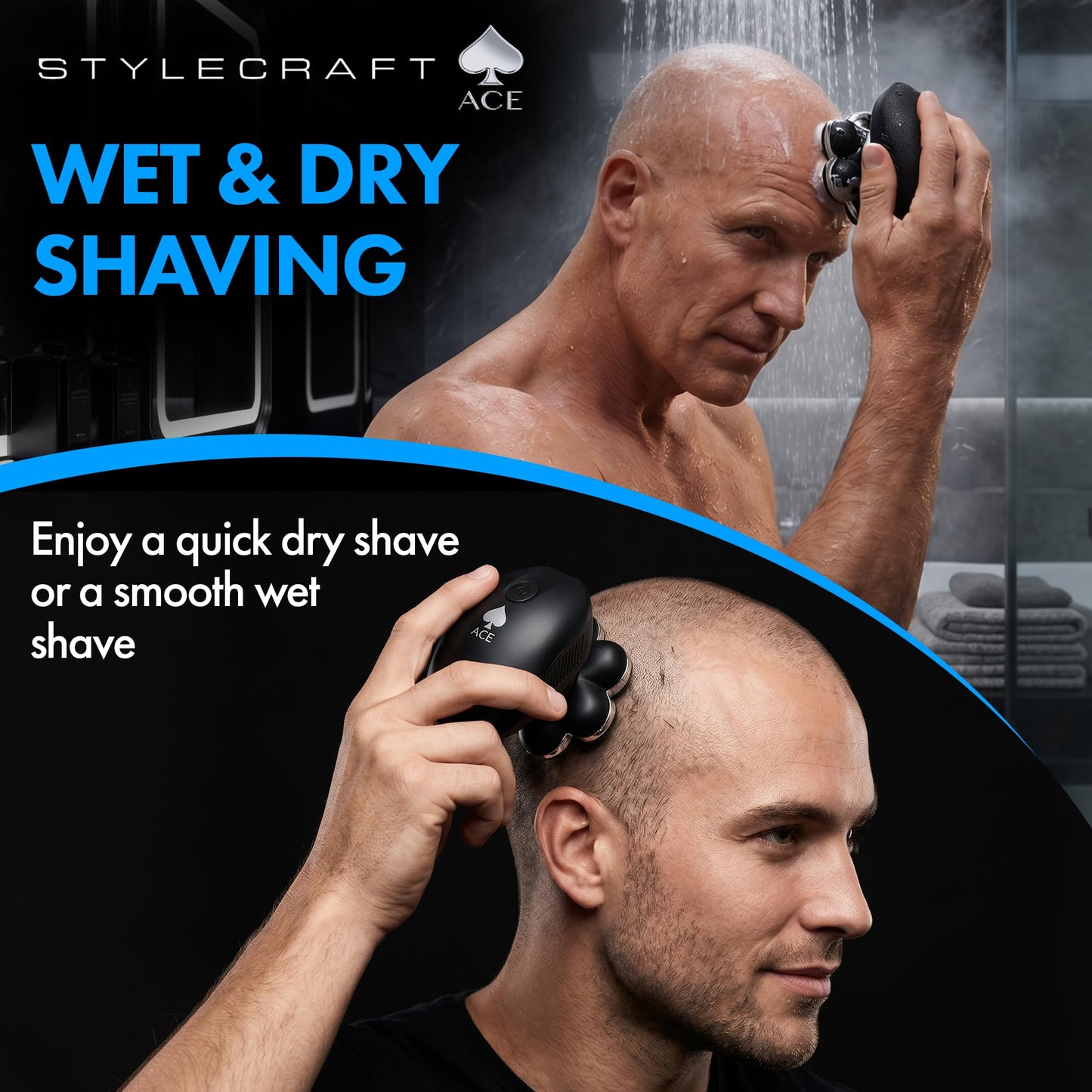 StyleCraft Ace 7X Rotary Bald Head Shavers for Men, Up To 8500 RPM Motor Cordless Electric Head Shaver & Razor with 7 Floating Flex Heads IPX7 Waterproof Wet & Dry Razor USB-C Rechargeable LCD Display