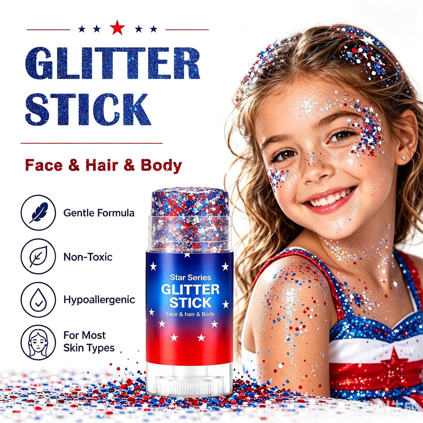 Patriotic 4th of July Body Glitter Stick, Hair Glitter for Kids, Red White and Blue Star Face Glitter Stick, USA Flag Makeup for 250th Independence Day Accessories, 4th of July Outfits for Women