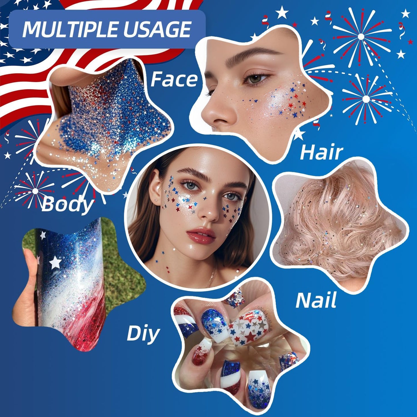 Patriotic Body Glitter Set - Red, White & Blue USA Flag Face Glitter with Glue | 4 Holographic Jars for 4th of July Outfits