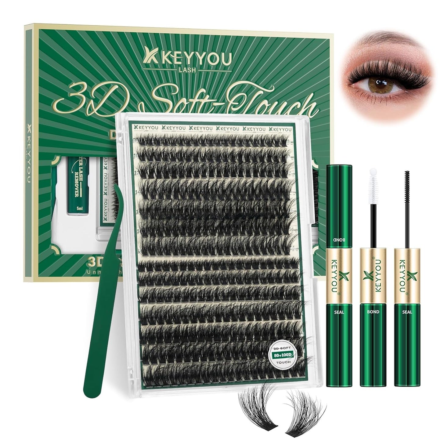 KEYYOU 3D Eyelash Clusters - 280pcs Wispy Volume Lashes | 80D D Curl, 9-18mm Mix