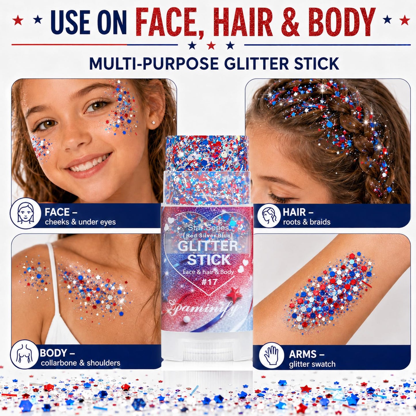 Paminify Red White Blue Hair Glitter Stick,4th of July Patriotic America Stripe Star Face Body Glitter,Fourth of July Accessories,Independence Day Waterproof Cheer Glitter Makeup for Women