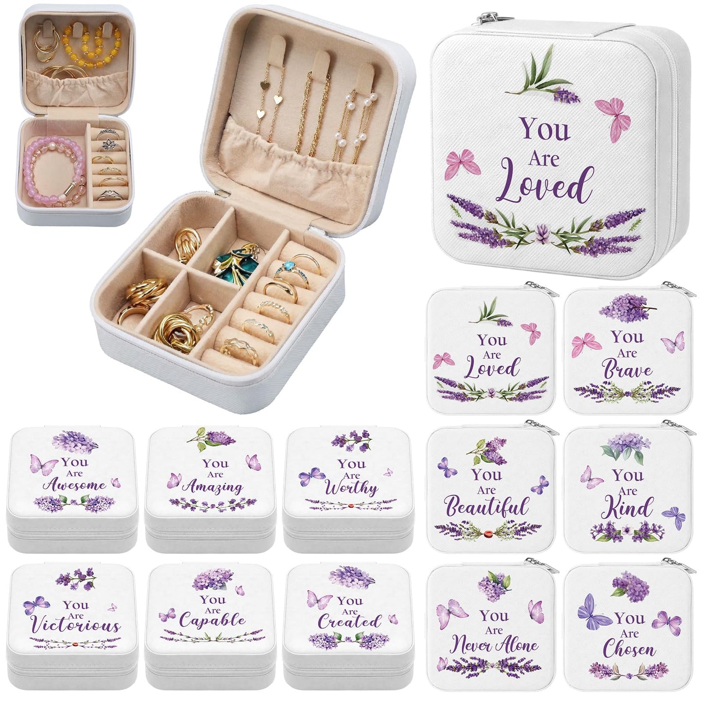 Kacctyen 12 Pcs Mini Travel Jewelry Case Bulk You Are Loved Mother's Day Church Gift Bulk Purple Butterfly Gift for Secretary Mother Girls Leather Travel Jewelry Case Mothers Day Church Gifts