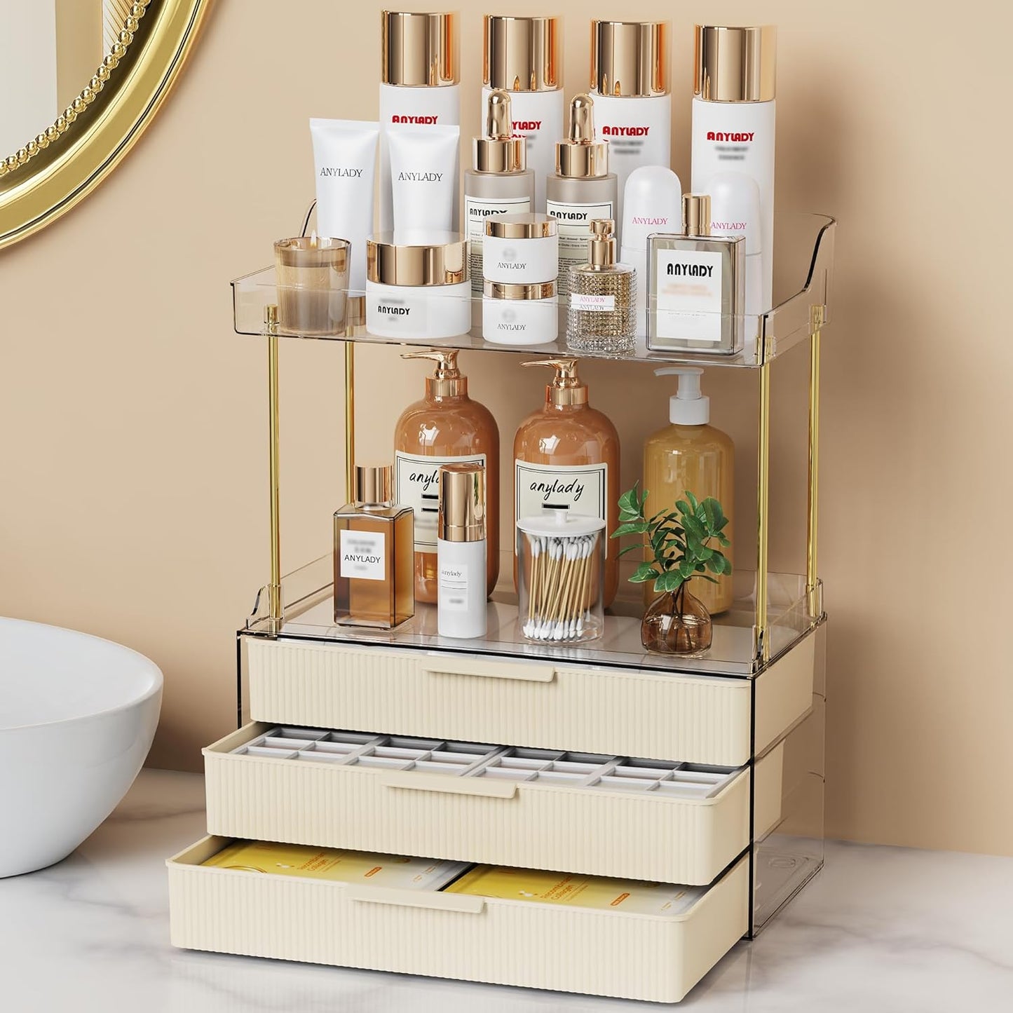 Bathroom Organizer - Sturdy Makeup Storage for Vanity & Countertop | Gold Cosmetic Dresser Organizer