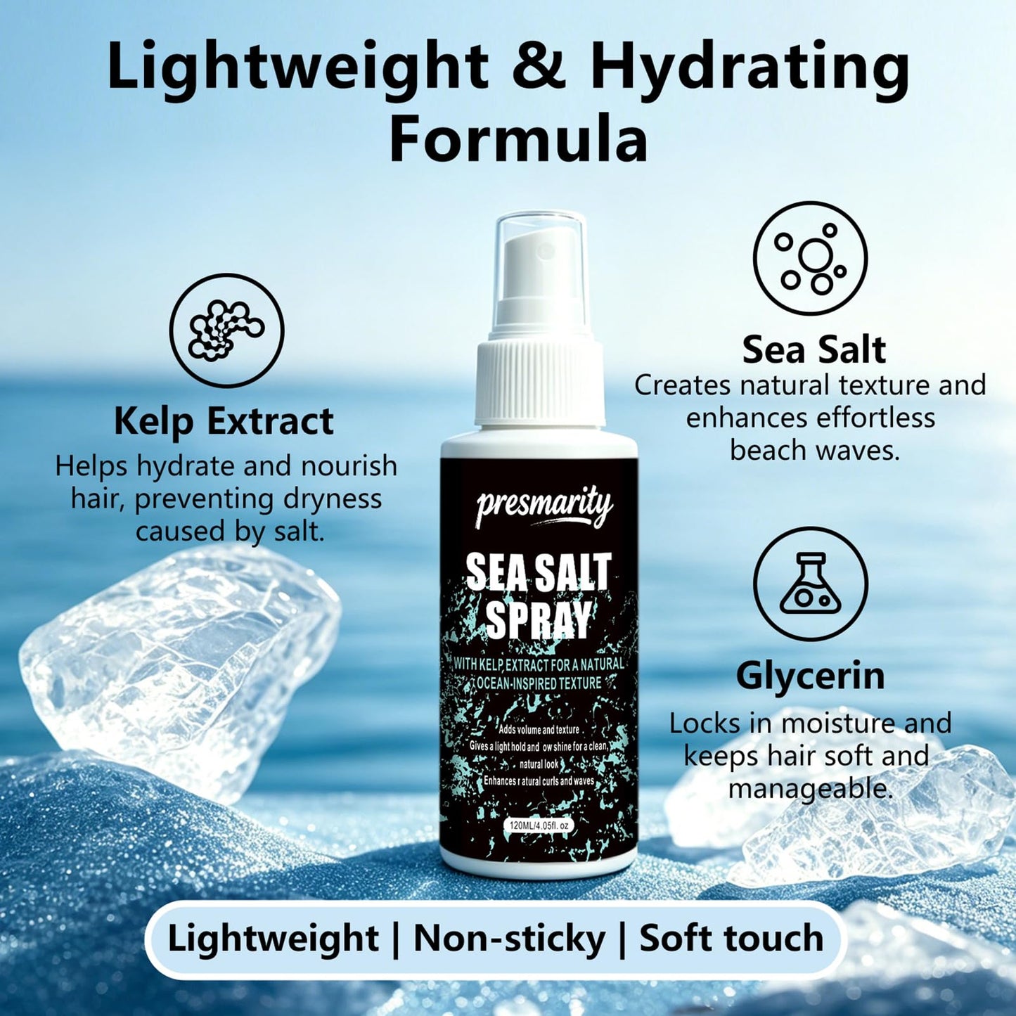 presmarity Sea Salt Spray for Hair – Texture, Volume & Natural Hold, for Fine, Flat & Straight Hair, Lightweight Formula, Creates Natural Beach Waves, 4.05 fl oz