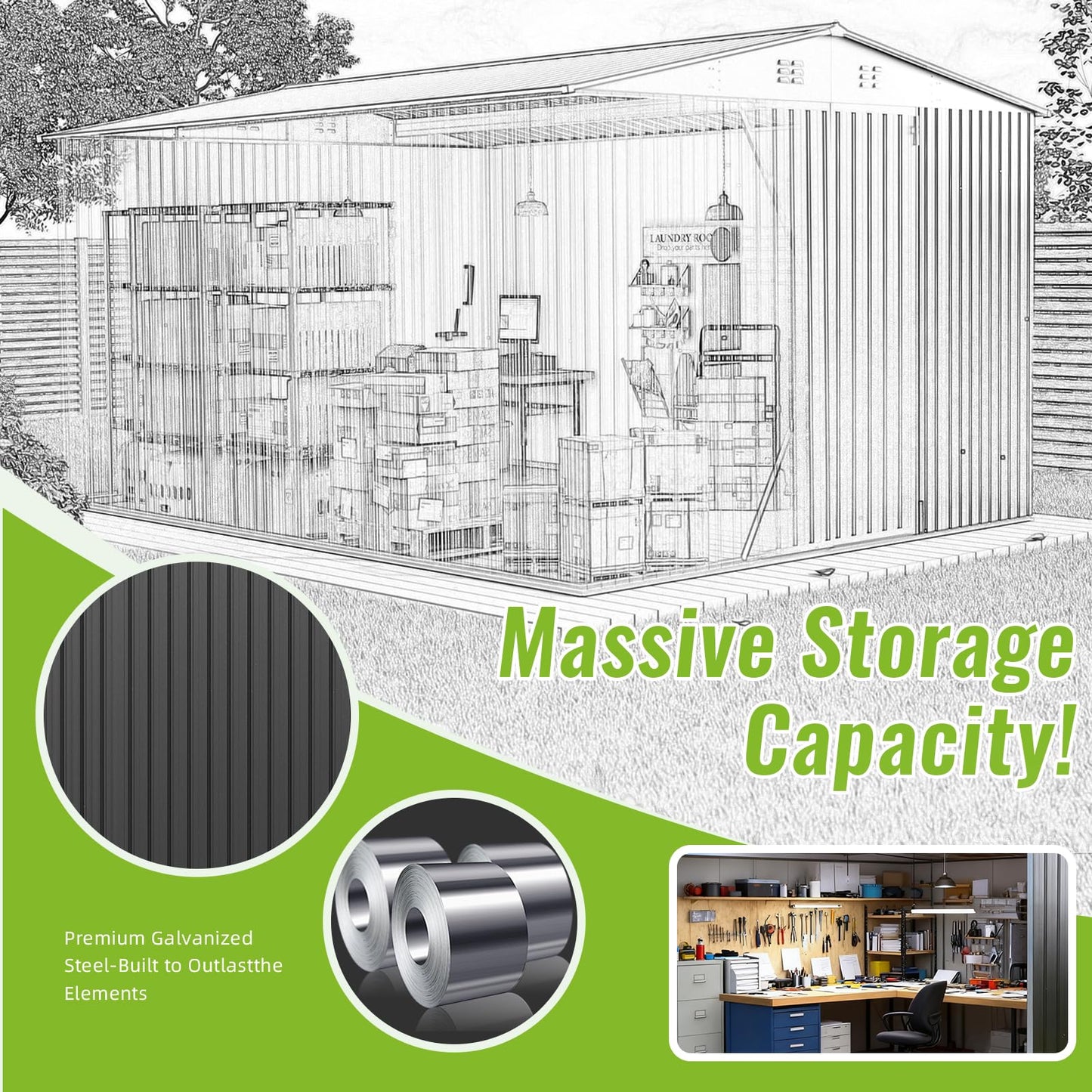 MNLR 10x14 FT Large Metal Storage Shed, Waterproof Outdoor Tool Shed with Lockable Double Hinged Door, Reinforced Frame Structure, Sloped Roof & Vents for Lawn Mower, Bikes & Patio Gear