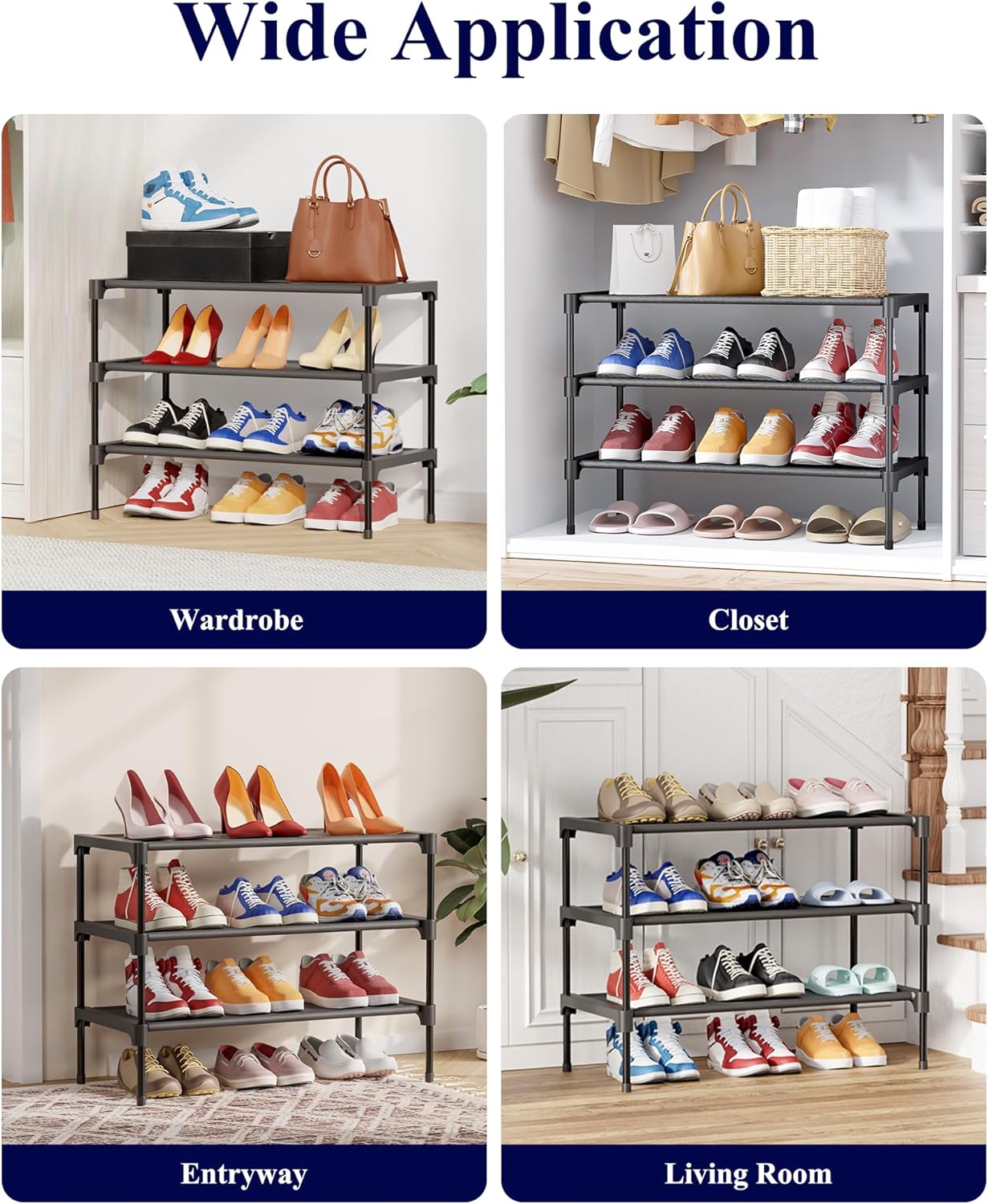 Kitsure Shoe Rack | Non-Woven 3-Tier Shoe Organizer for Closet & Entryway - 27.5" Wide, Black
