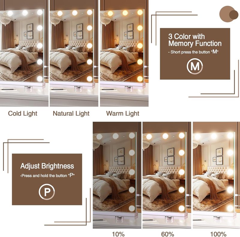 Vanity Makeup Mirror with Lights - Smart Touch Dimmable 3 Colors | Memory Function