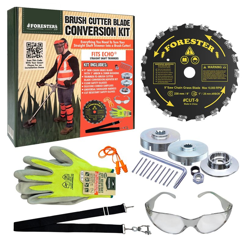 FORESTER Brush Cutter Trimmer Conversion Kit with Cut-9, Includes Safety Glasses, Earplugs, Gloves, Harness, Compatible with Echo Models SRM-225, SRM-225i, SRM-266, SRM-280, SRM-280S, and SRM-280T