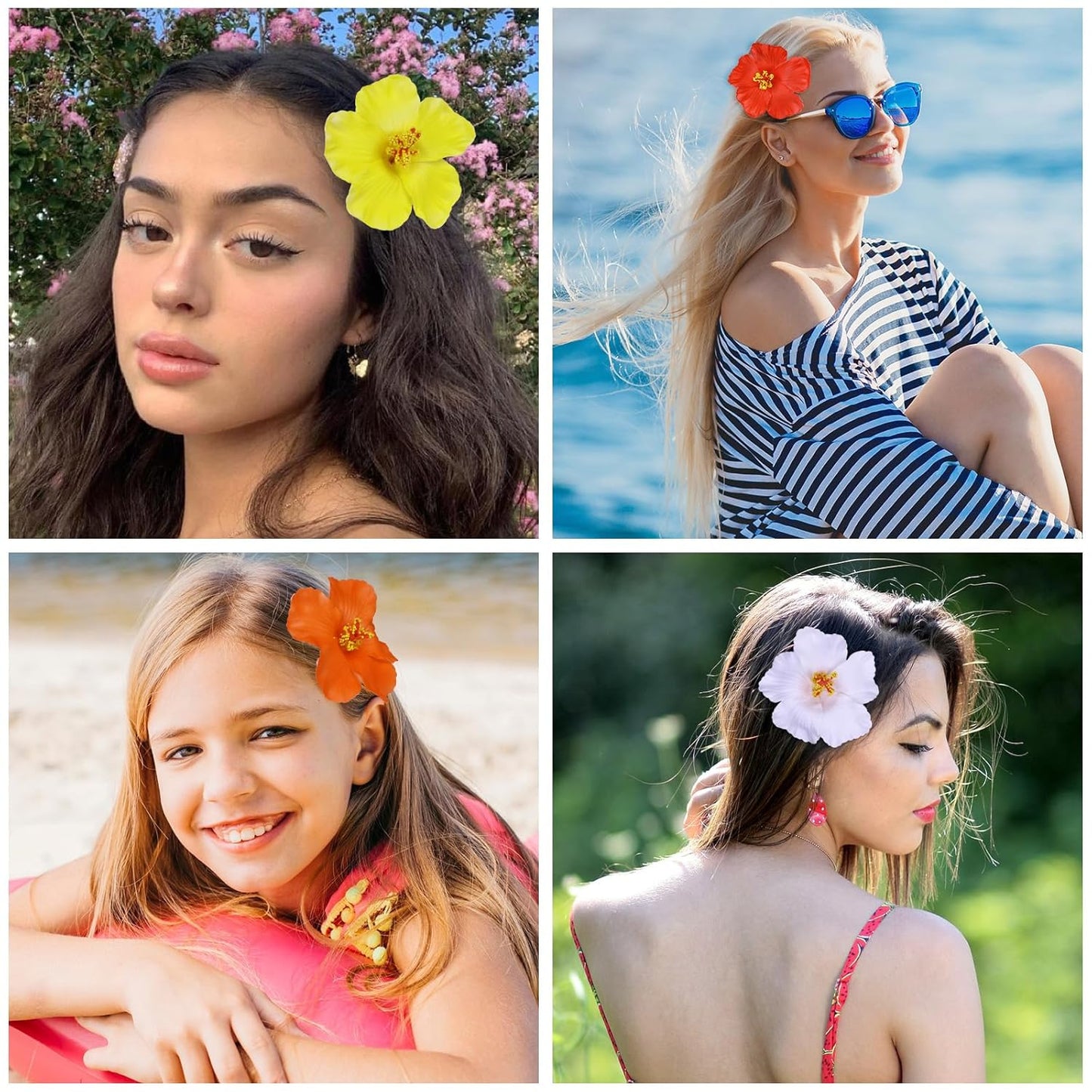 Hawaiian Flower Hair Clips - 4 Pcs Plumeria & Hibiscus Hair Accessories | 3.5 Inch Tropical Clips for Beach Parties & Summer Holidays