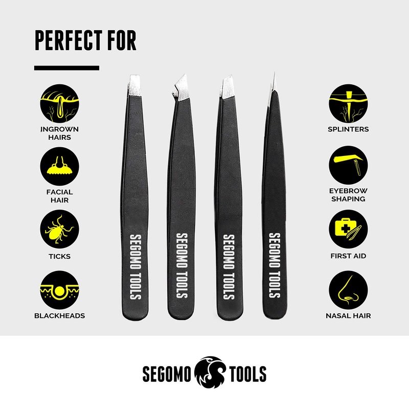Segomo Tools 4 Piece Tweezer Set - Tweezers For Women - Ingrown Hair Removal Kit - Eyebrow Plucker - Precision Tweezers - Flat, Angled, Slant & Pointed Tweezers - TW004