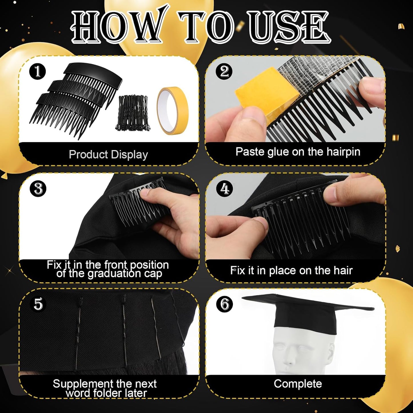 Graduation Cap Headband Insert Clips - 3 Pcs with 50 Safety Pins for Secure Hairstyle | Perfect for Graduation Party