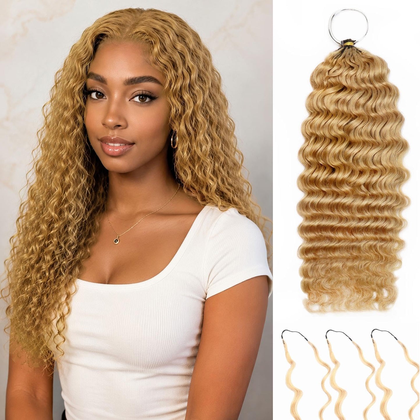Honey Blonde Pre-Separated Human Crochet Hair Deep Wave Curly Miracle Knots Crochet 14 Inch 50g Honey Blonde #27 Knotless Feather Invisible 100% Human Crochet Braiding Hair Extensions for Black Women
