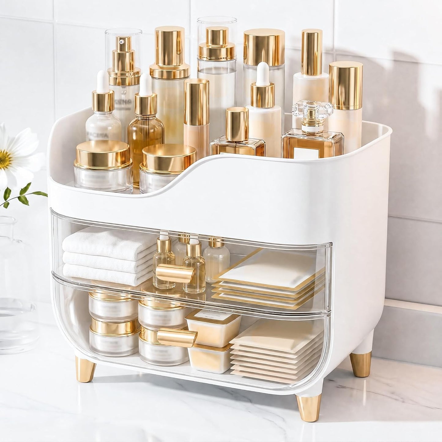 Makeup Organizer - Extra Large Skincare Storage with Smooth Drawers | Crystal Clear Vanity Display Case for Beauty Products