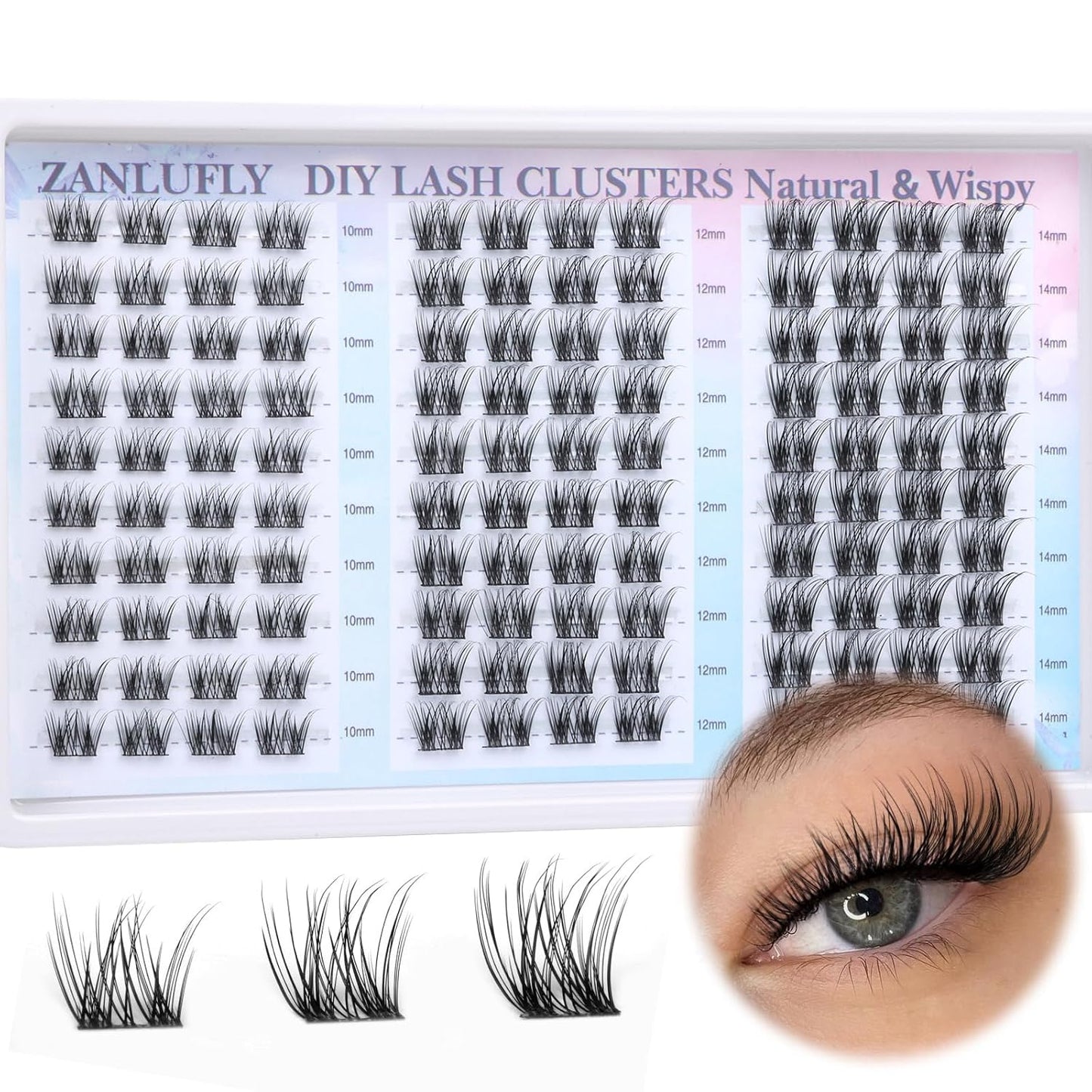 Natural CC-Curly Cluster Lashes - Wispy Eyelash Extensions with Clear Band | 10-14MM Individual DIY Lashes