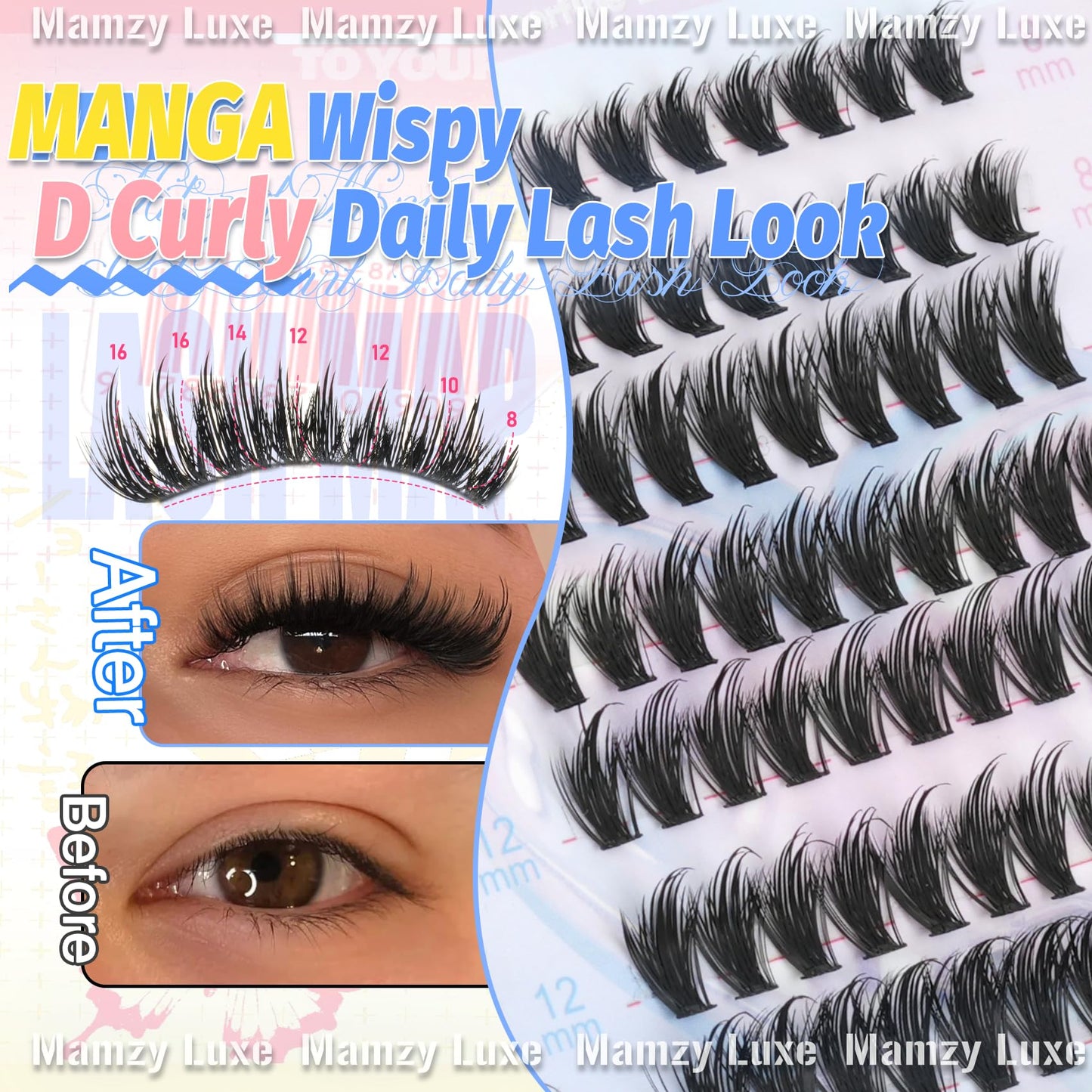 Manga Lash Clusters With Spikes Wispy Eyelashes Natural Cluster Eyelash Extensions 300Pcs False Lashes Clusters D-Curly 8-16MM Individual Lashes Extension DIY Waterproof Daily Anime Eye Lash Clusters