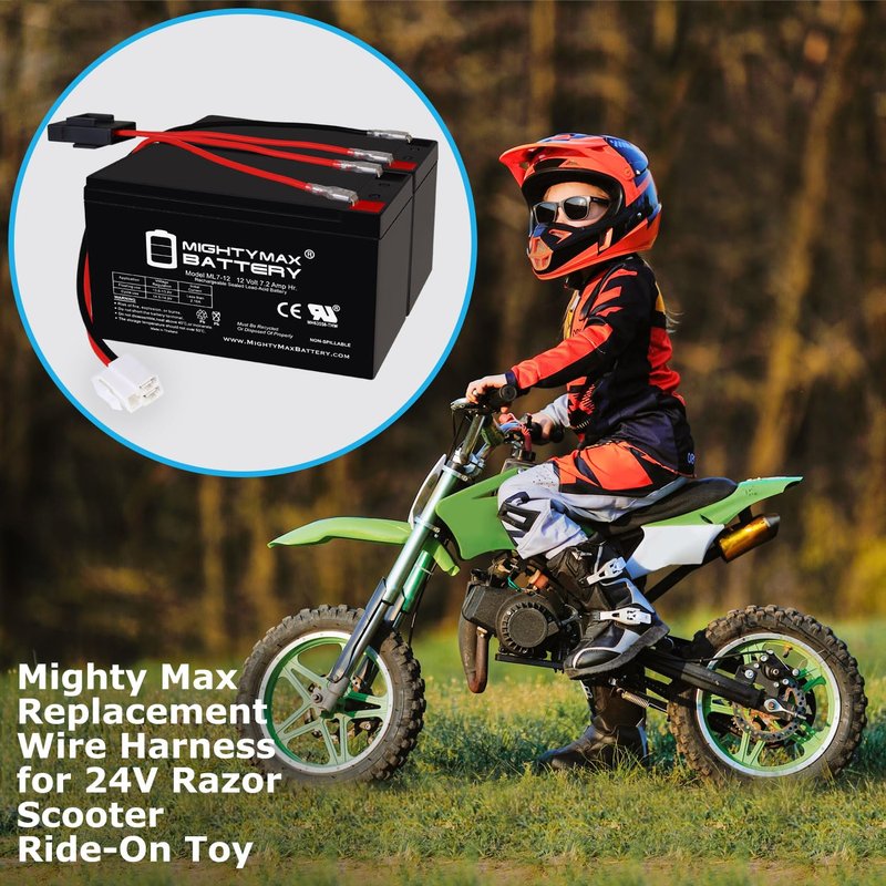 Mighty Max Battery Extended Range Drop in Replacement for 12v Razor Scooter ride on toy 7ah battery kit and harness