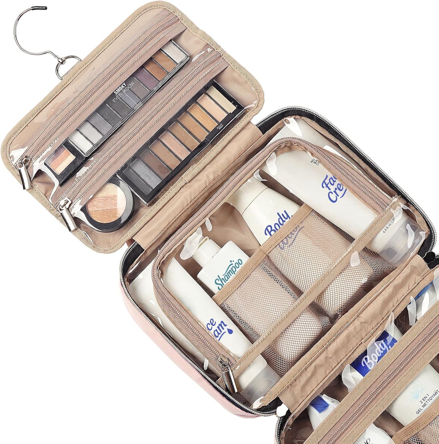 NISHEL Travel Toiletry Bag - Portable Hanging Organizer for Shampoo, Conditioner & Makeup | Medium Pink