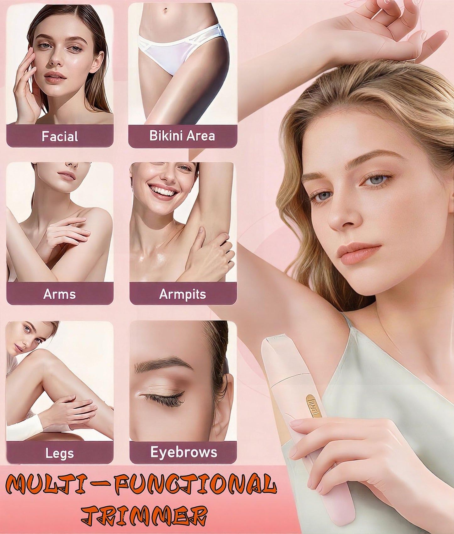 Gadhevia Eyebrow Trimmer Facial Hair Removal for Women - 3 in 1 Painless Eyebrow Shaver - Body Razor for Legs, Armpits, Face, Eyebrows, Bikini, USB Rechargeable, Easy to Clean, Pink