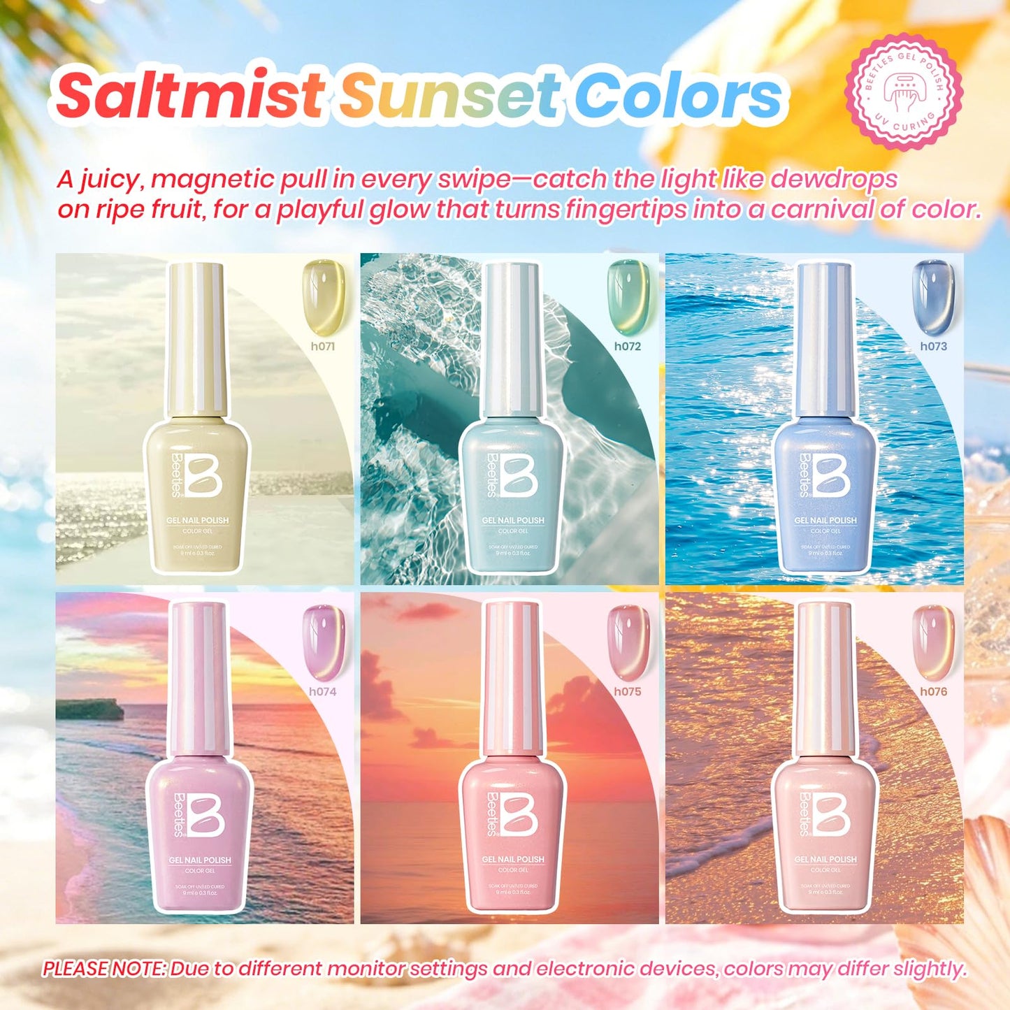 Beetles Summer Voyage Cat Eye Gel Nail Polish Set - 9ML 6 Colors Saltmist Sunset Summer Cat Eye Gel Nail Polish Kit Yellow Blue Green Pink Purple Soak Off UV Salon DIY at Home Manicure Gift for Women