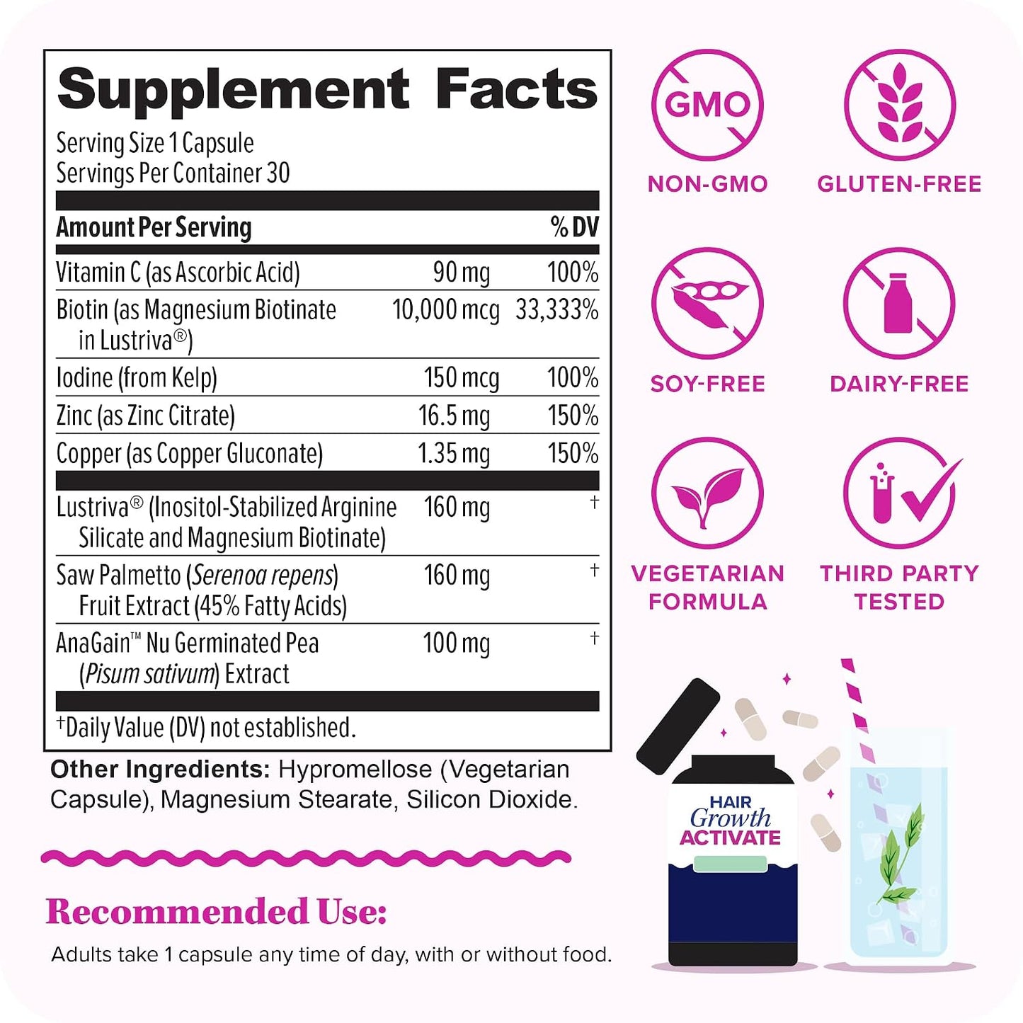 Lustriva Hair Growth Supplement - DHT Blocker Vitamins for Thicker, Fuller Hair | Biotin, Saw Palmetto, Zinc & Copper | 30 Capsules