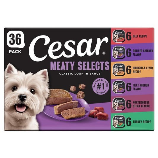 Cesar Wet Dog Food Classic Loaf in Sauce Grilled Chicken, Filet Mignon, Porterhouse Steak, Beef, Chicken & Liver and Turkey Variety Pack 3.5 oz. Easy Peel Trays (36 Count, Pack of 1)