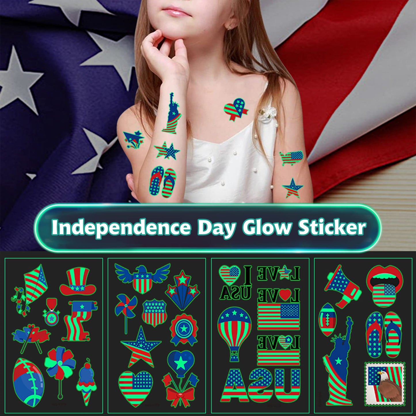 70PCS 4th of July Decorations Temporary Tattoos，Red White and Blue Party Supplies，Fourth of July Glow in The Dark Sticker Patriotic Party Decorations Favors Supplies Independence Day Memorial Day Decorations