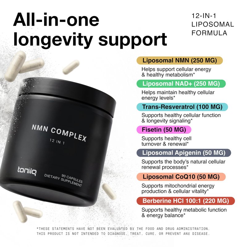 Toniiq NMN 12-in-1 Complex – 5 Liposomal Ingredients NMN, NAD+, CoQ10, Spermidine & Apigenin for Enhanced Absorption – Plus Resveratrol, Fisetin, Berberine & More – 90 Vegetarian Capsules