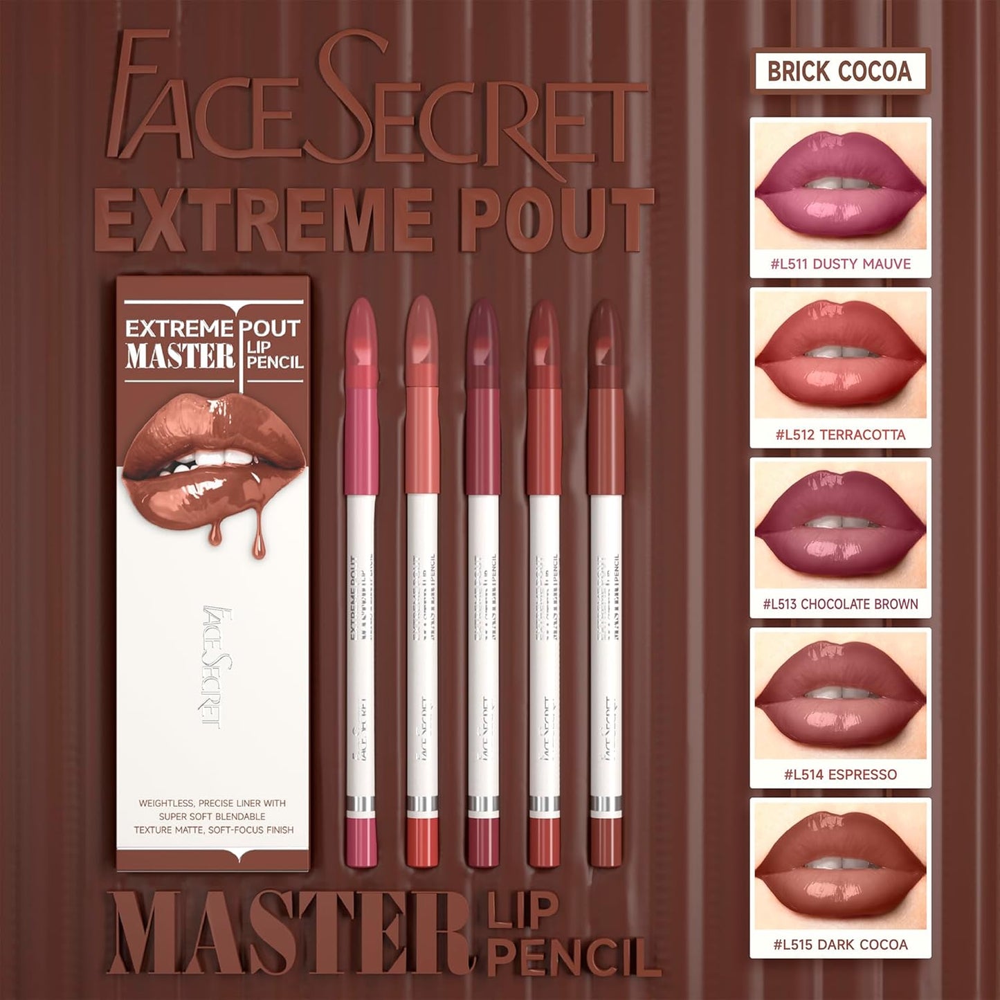 Matte Lip Liner Pencil Set - 5PCS Waterproof & Smudge-Proof | Warm Brick Red & Cocoa Brown Shades