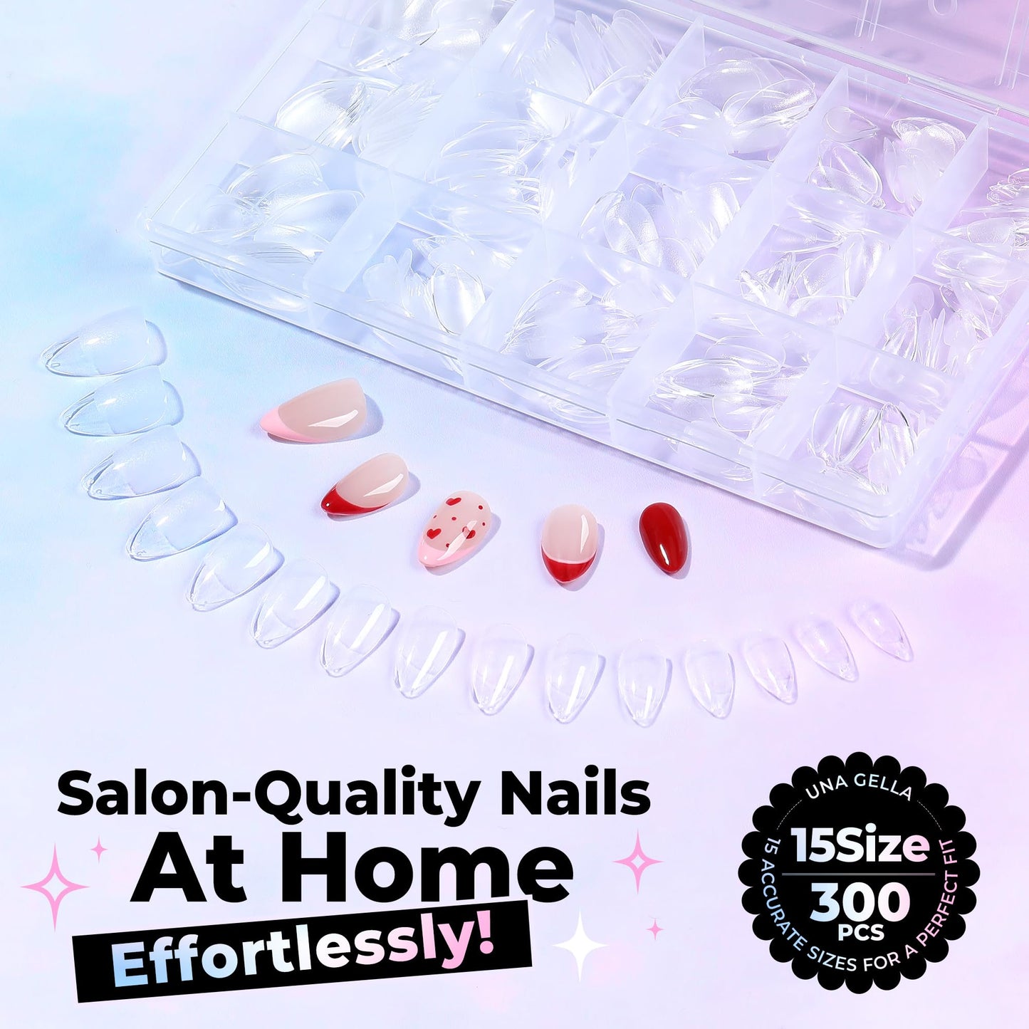 UNA GELLA Short Almond Gel Nail Tips 15 Sizes 300PCS Pre-Etched Soft Gel Clear Nail Tips Easy DIY Salon Short Almond Press On Nails Snug Fit Acrylic Fake Tips Extensions Long-Lasting Hold