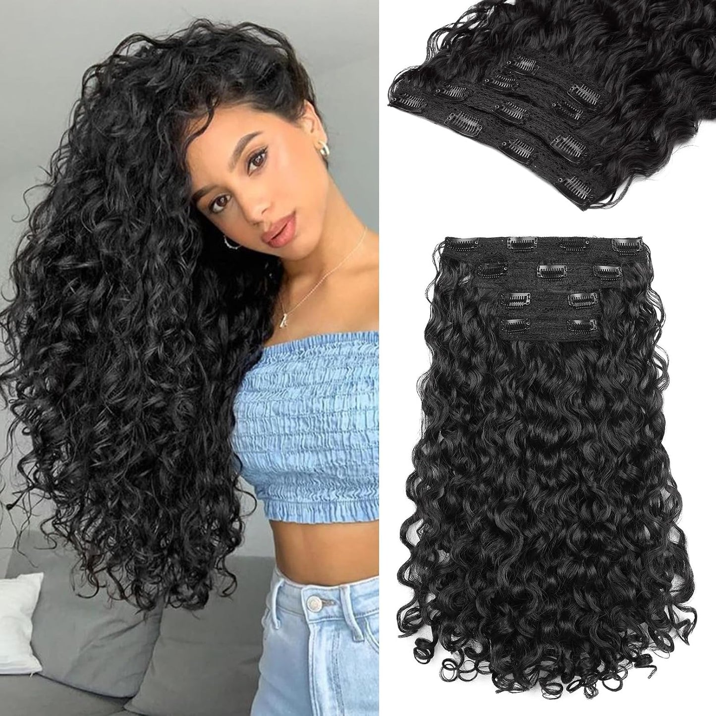 Curly Hair Extensions - 4PCS 18" GoGo Curly Clip-Ins | 100% Protein Hairpieces, Honey Blonde Highlights