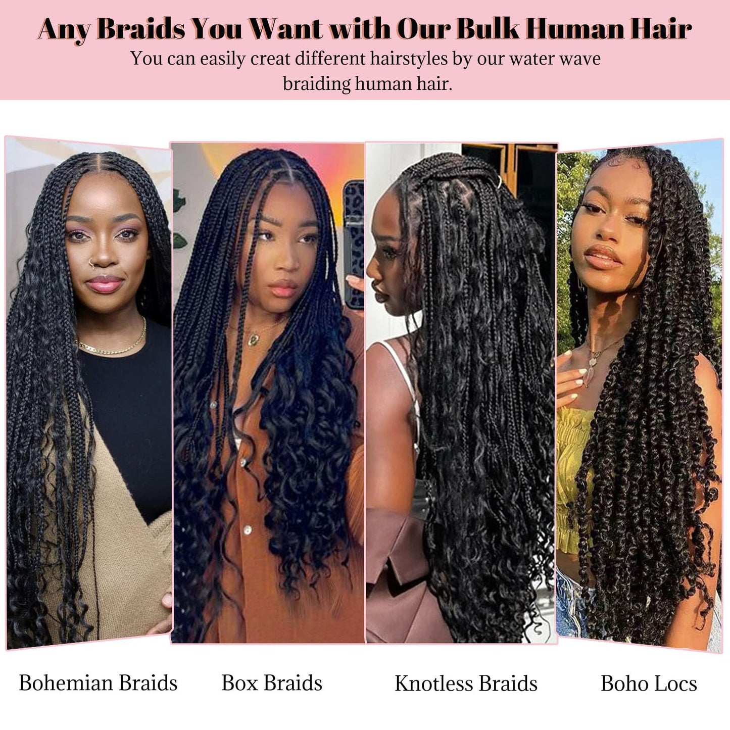 Human Braiding Hair for Boho Water Wave Bulk 100g 24 Inch Curly Knotless 10A Natural Color Extensions for Micro Braiding 2 Bundles