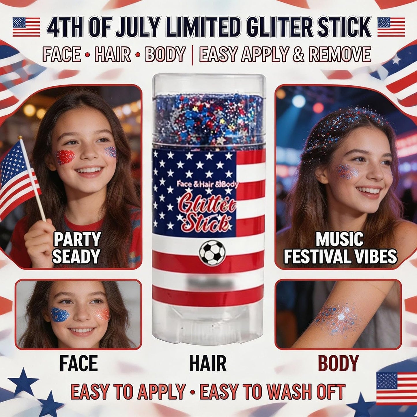 Red White Blue Hair Glitter Stick | Face & Body Paint for Fourth of July Makeup & Decorations