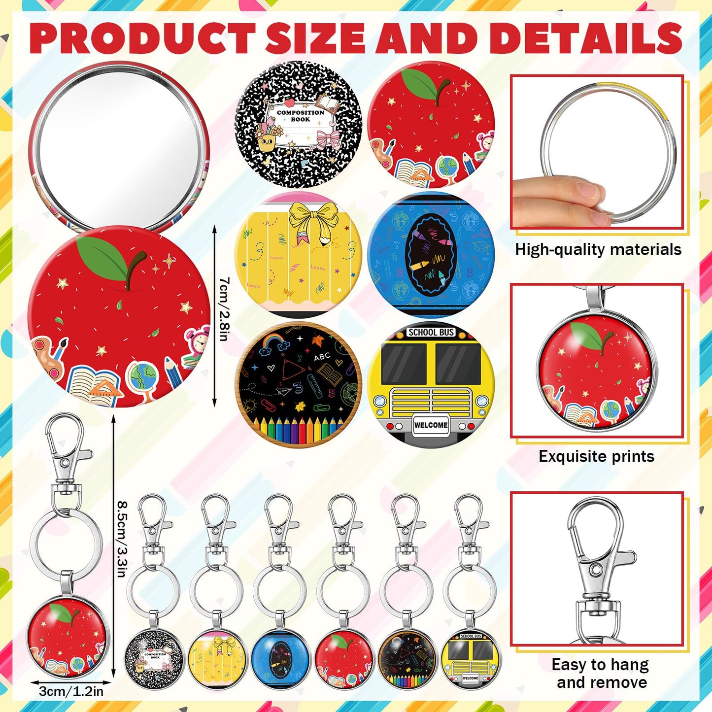 SilTriangle 18 Pcs Back to School Teacher Appreciation Gifts Bulk Cute Stationery Themed Makeup Bags Keychains and Mini Compact Mirror for Back to School Gifts Graduation Thank You Retirement Gift
