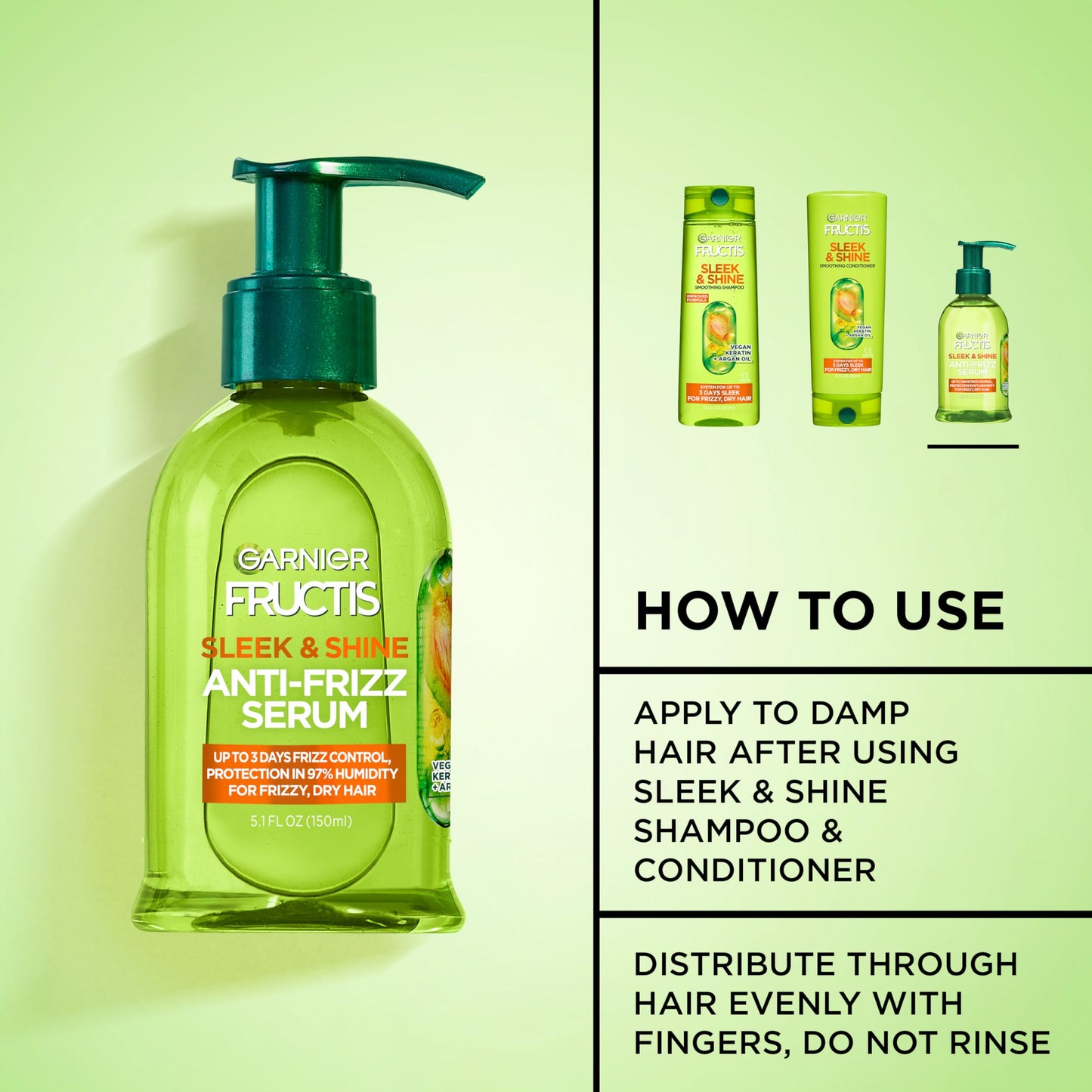 Garnier Fructis Sleek & Shine Anti-Frizz Hair Serum for Frizzy, Dry Hair, Leave-In Argan Oil Infused Formula with Up to 72HRs of Frizz Control, Smooths Flyaways & Boosts Hair Shine, 5.1 Fl Oz (2 Pack)