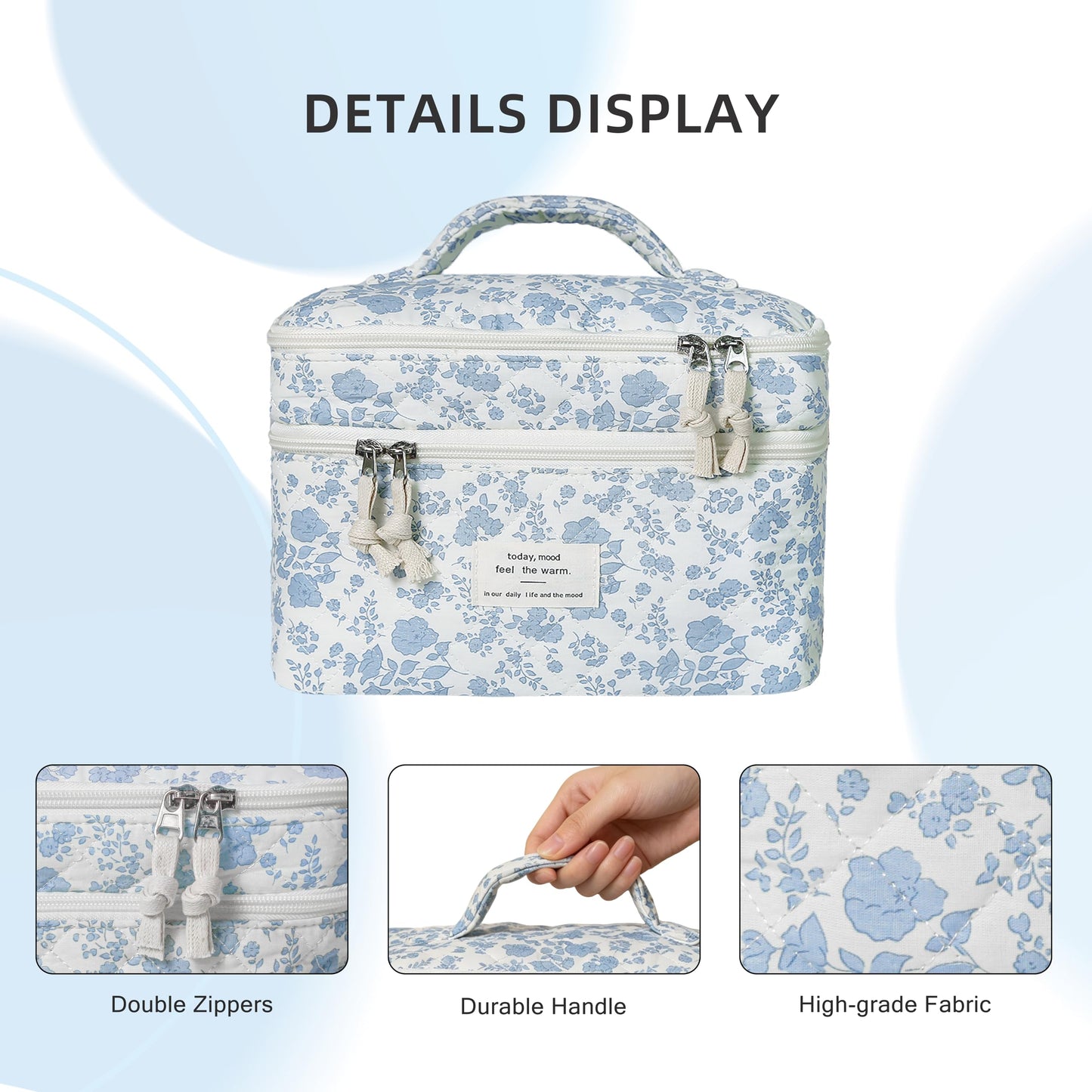 Gosect Quilted Floral Makeup Bag, Double Layer Large Capacity Cosmetic Bag with Portable Handle, Cute Coquette Aesthetic Toiletry Bag, Portable Travel Organizer with Dividers for Women Girls