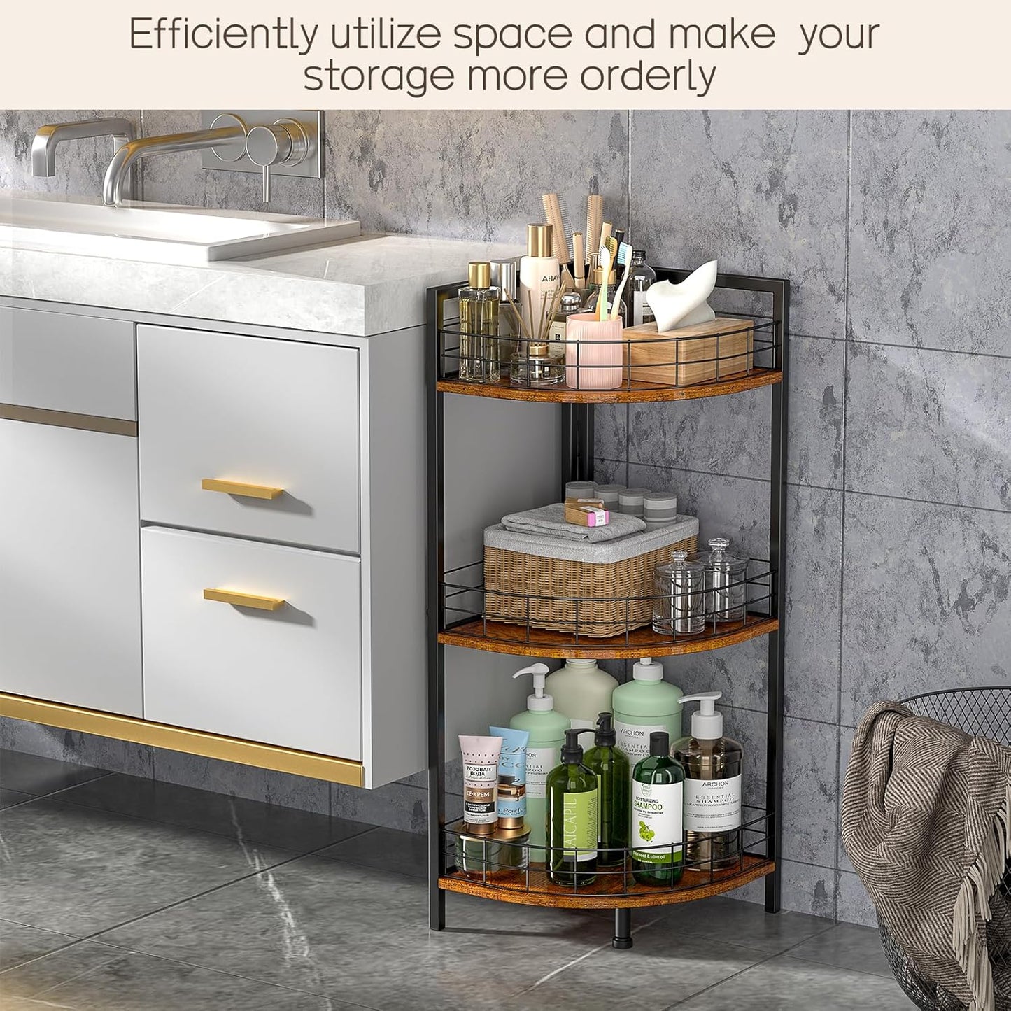 Bathroom Corner Shelf - 3 Tier Free-Standing Storage Unit for Small Spaces | Triangular Curved Design