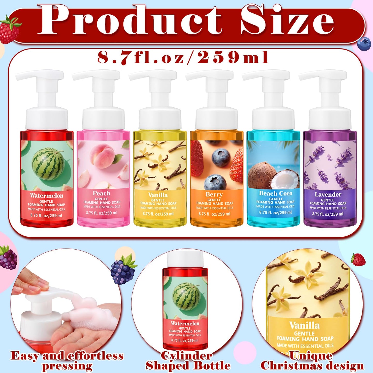 6 Pack Foaming Hand Soap with Pump Care Moisturizing Liquid Fruity Scented Foam Hand Wash Teacher Appreciation Gift Bulk Mother's Gift for Kitchen Bathroom Family Nurse Doctor Employee 8.75 Fl. oz