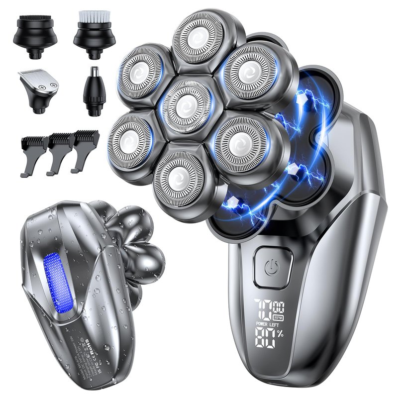 Vylto Head Shavers for Bald Men, 5-in-1 Electric Shaver Grooming Kit, 7D Floating IPX7 Waterproof Rechargeable Wet/Dry Razor for Skull Bald Head, Body Hair, with Massager, Gray