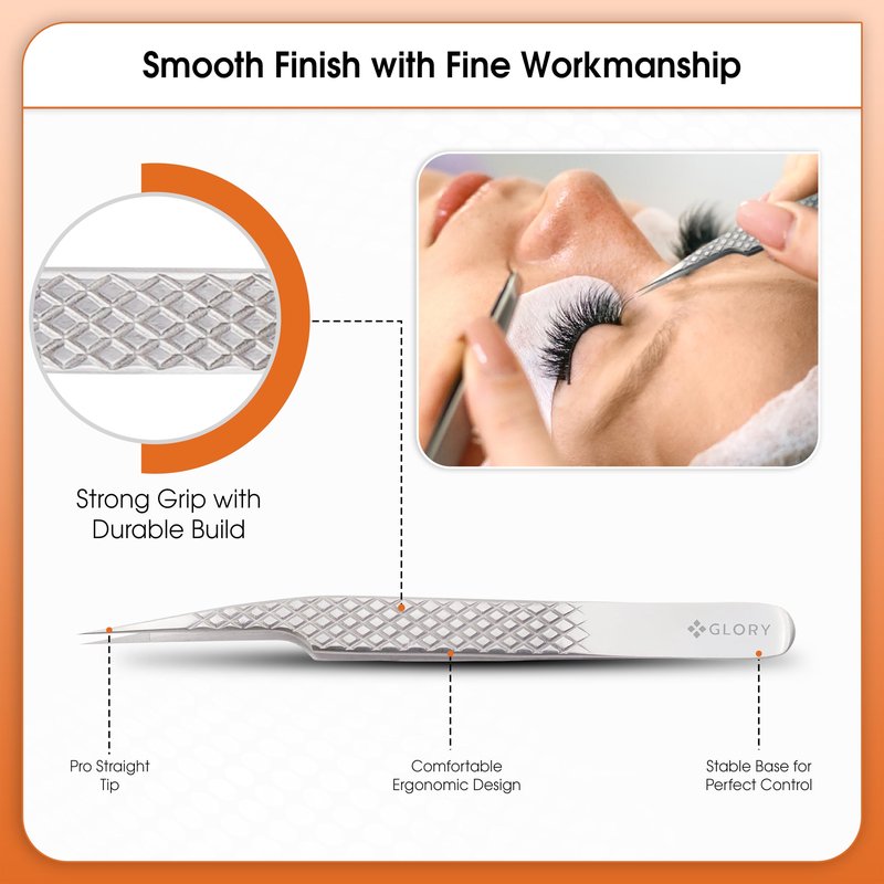 Precision Fiber Tips Perfect Tweezers for Isolation and Classic Eyelash Extensions, Stainless Steel Pro Straight Tip Anti-Slip Diamond Grip Tweezers for Lash Artists, Nail Art & jewelry work