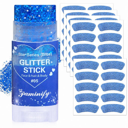 Paminify Blue Hair Glitter Stick and Eye Black Stickers Kit,50pcs Waterproof Cheer Glitter Eye Sticker for Football Baseball Soccer Sports,Team Spirit Wear 4th of July Royal Blue Face Body Glitter