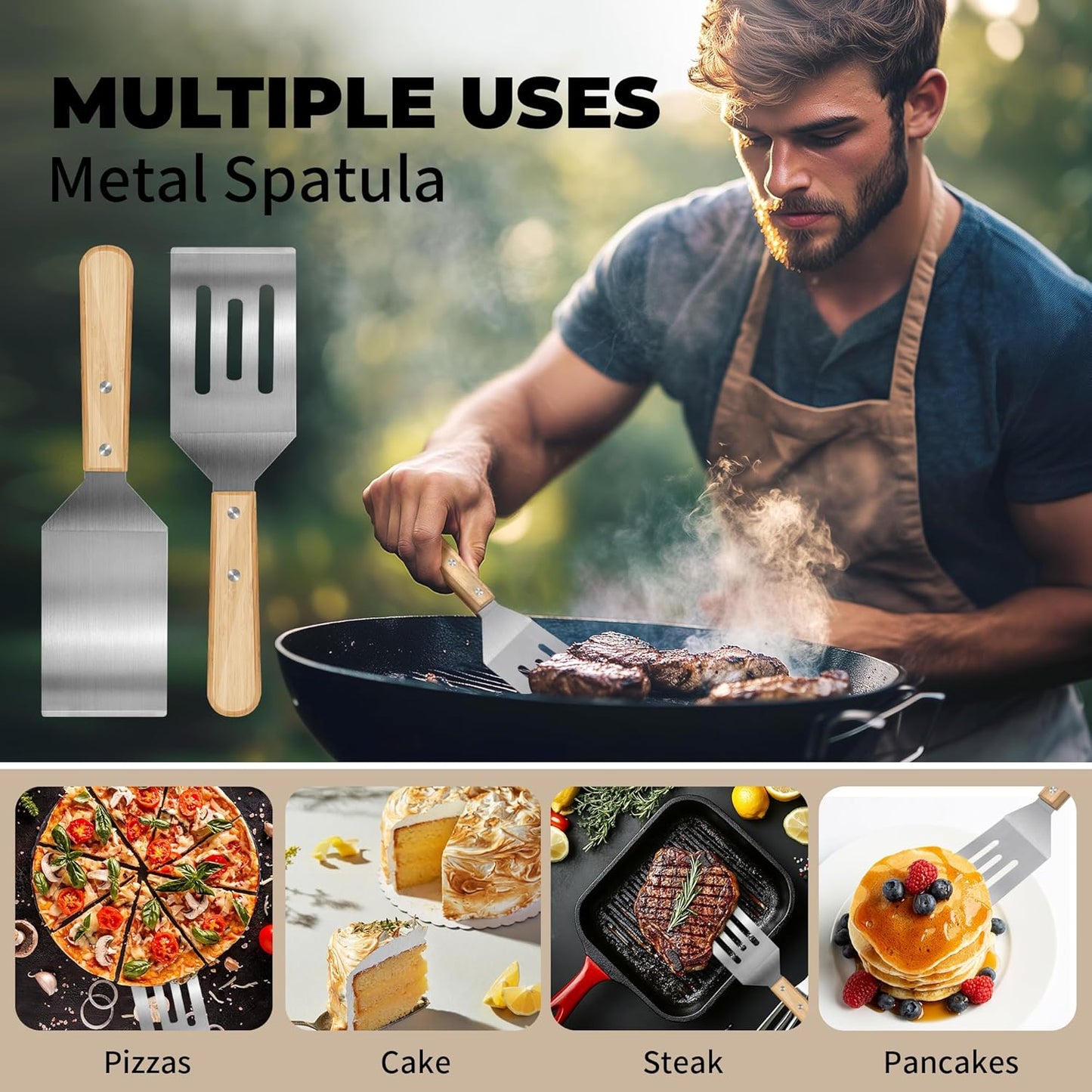 Stainless Steel Spatula Set - 2 Metal Spatulas with Wooden Handle for Cooking, Grilling & Baking | Ideal for Pancakes, Burgers & More