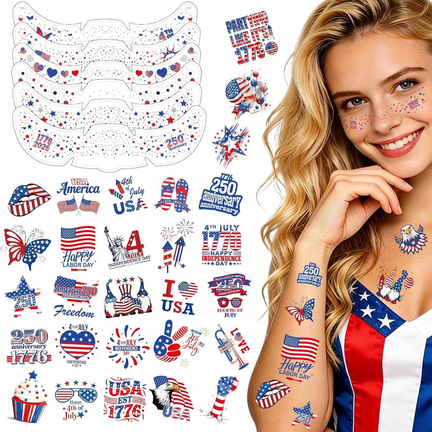 4th of July Glitter Freckles Face Tattoos - Patriotic Temporary Tattoo Stickers | 6 Pcs & 50 Pcs Set for Adults & Kids