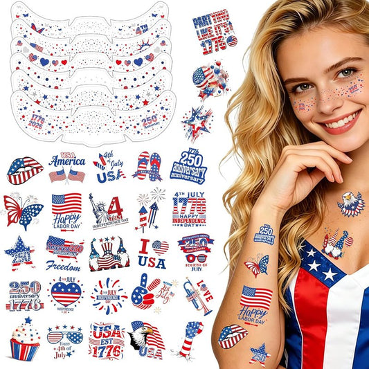 4th of July Glitter Freckles Face Tattoos - Patriotic Temporary Tattoo Stickers | 6 Pcs & 50 Pcs Set for Adults & Kids