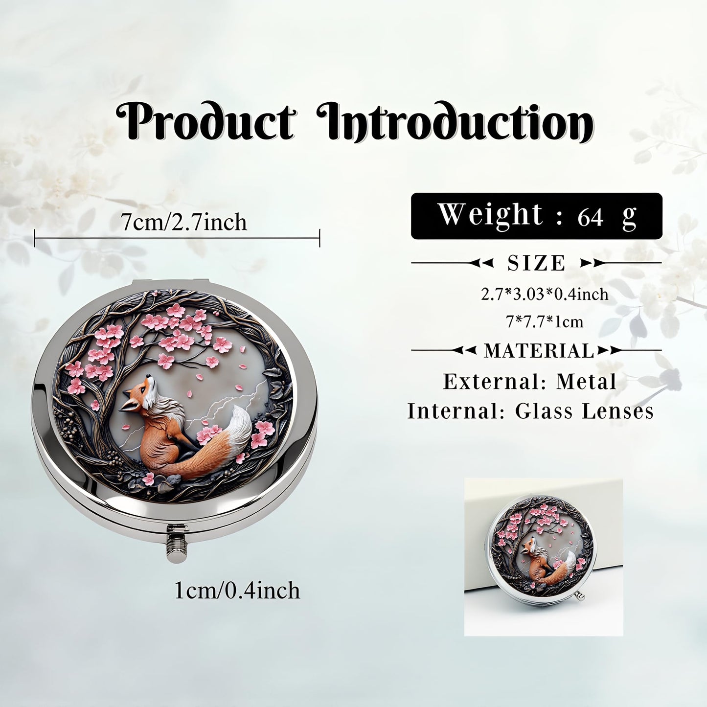 Silver Compact Mirror, 2.8x2.8inch Double-Sided Folding Makeup Mirror with Cherry Blossom Red Fox Design, Ideal Gift for Women