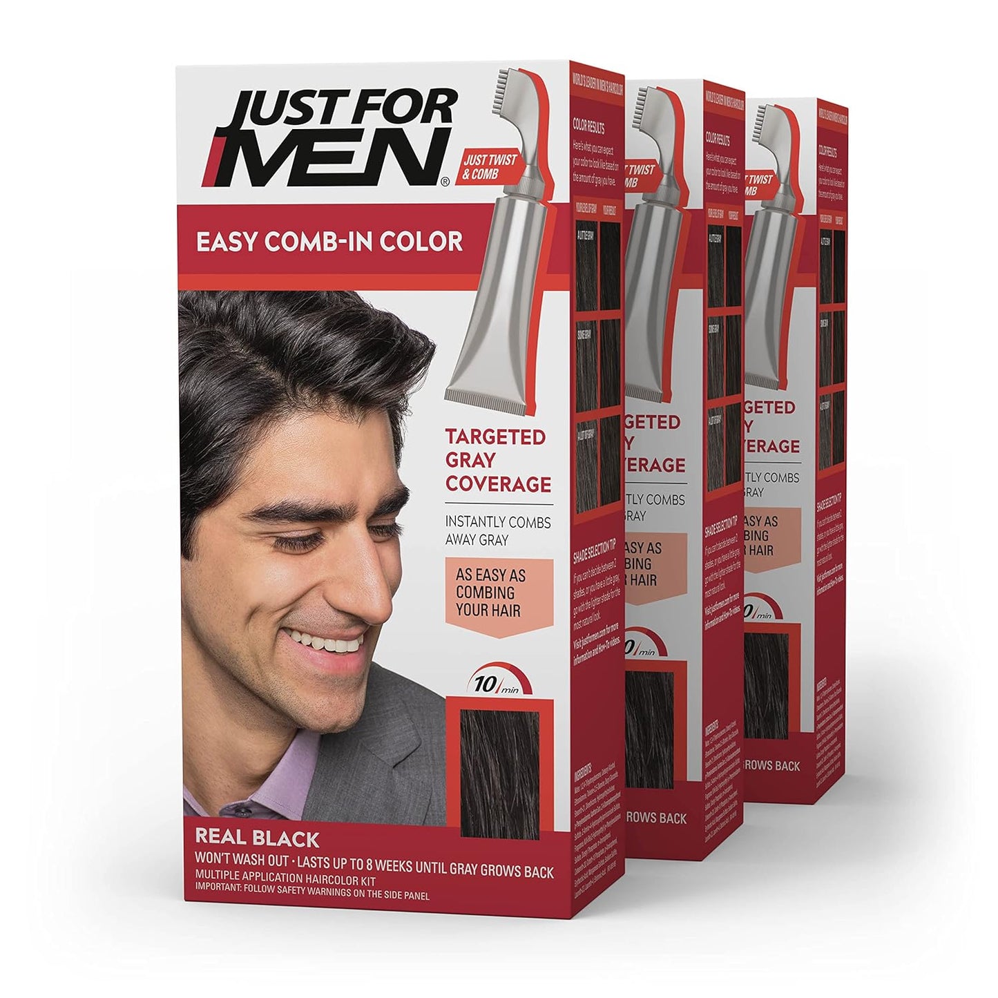 Just For Men Easy Comb-In Color Hair Dye - Darkest Brown, No Mix Applicator, Pack of 3