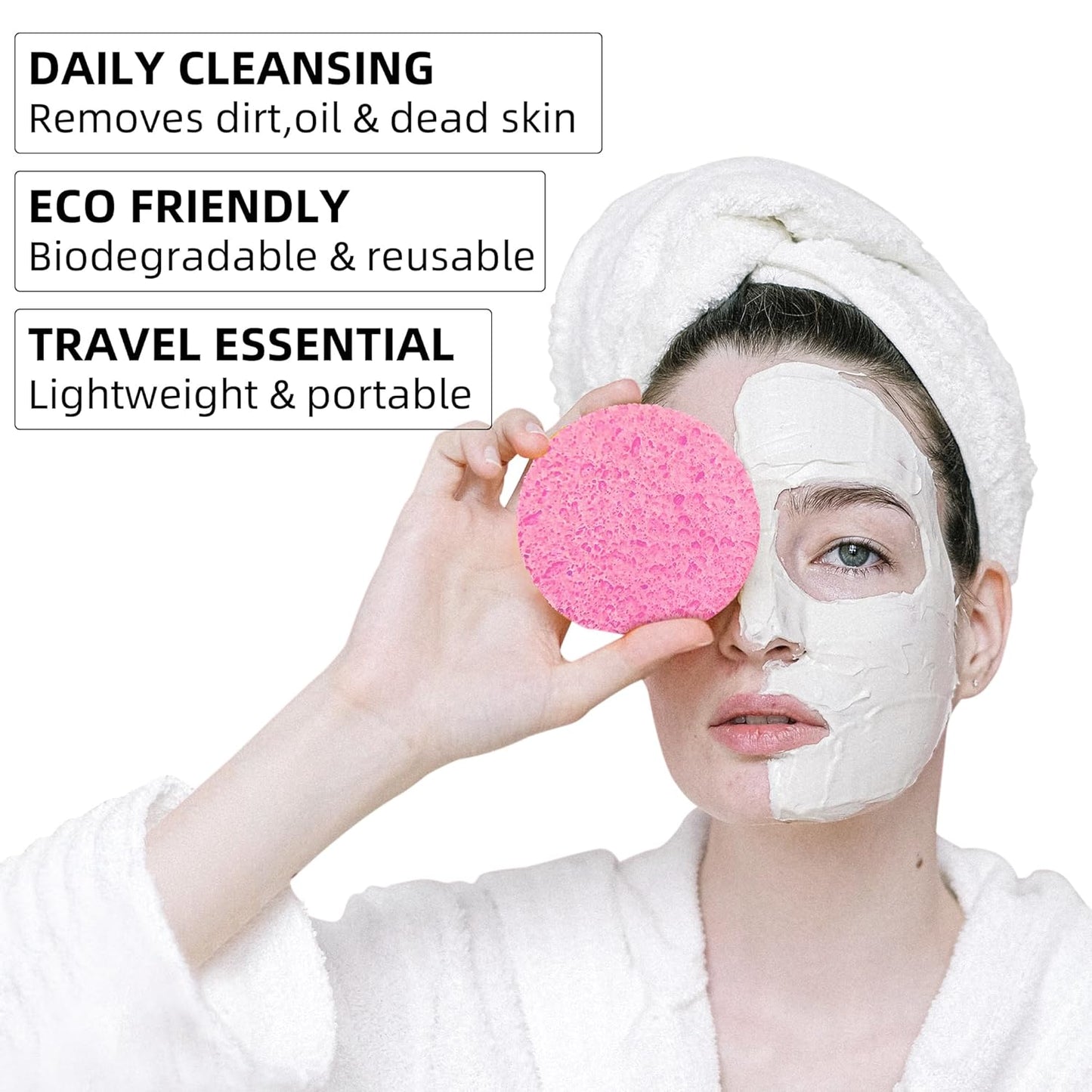 Compressed Facial Sponges - 100% Natural Cellulose Spa Sponges for Daily Cleansing | Makeup Removal & Exfoliation (50 Count, Pink)