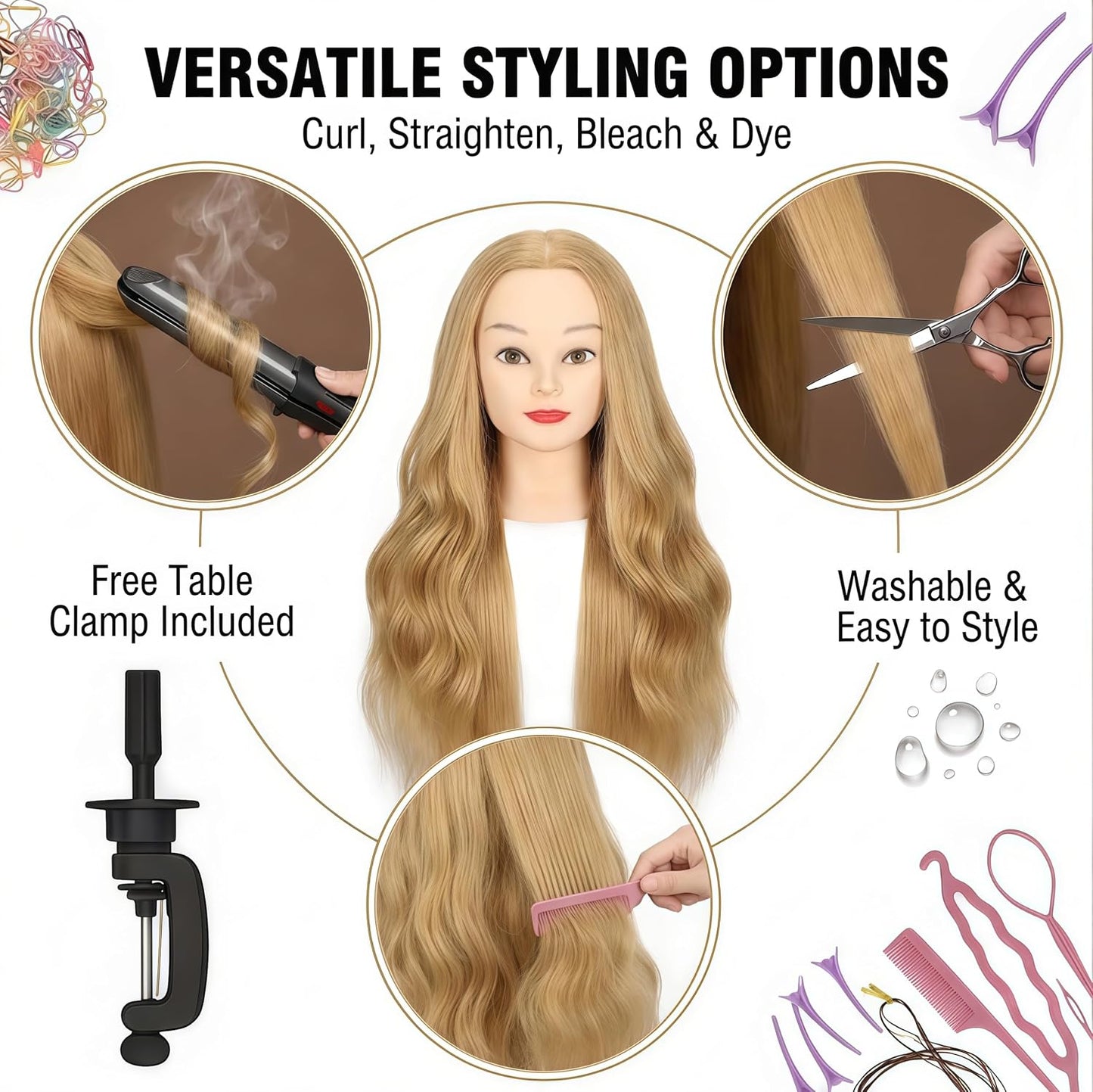 Human Hair Mannequin Head - 26 Inch Braiding Practice Head with Clamp Stand for Cosmetology & Kids | Golden