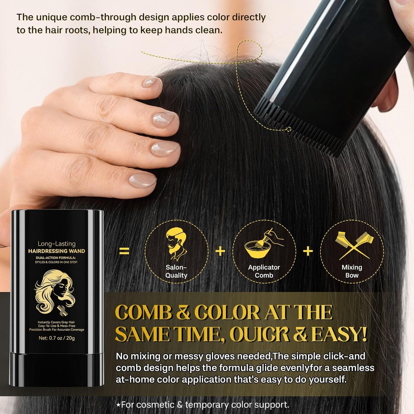 Hair Color Stick - 2-in-1 Instant Dye for Gray Hair Touch-Up | Waterproof & Sweat-Proof, 2-Pack (Black)