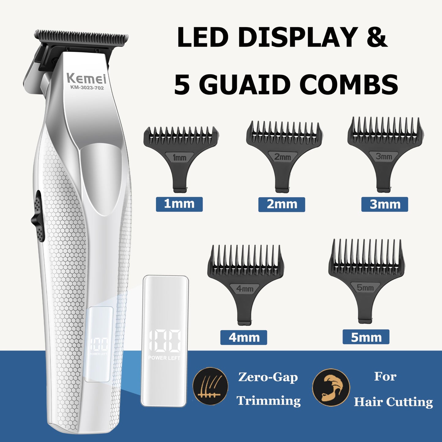 KEMEI Hair Trimmer for Men, Coldless Hair Clippers for Men Professional 9000 RPM Mens Hair Trimmer with LED Display Zero Gap Trimmers for Barbers Ceramic and DLC Blades KM-3023-702